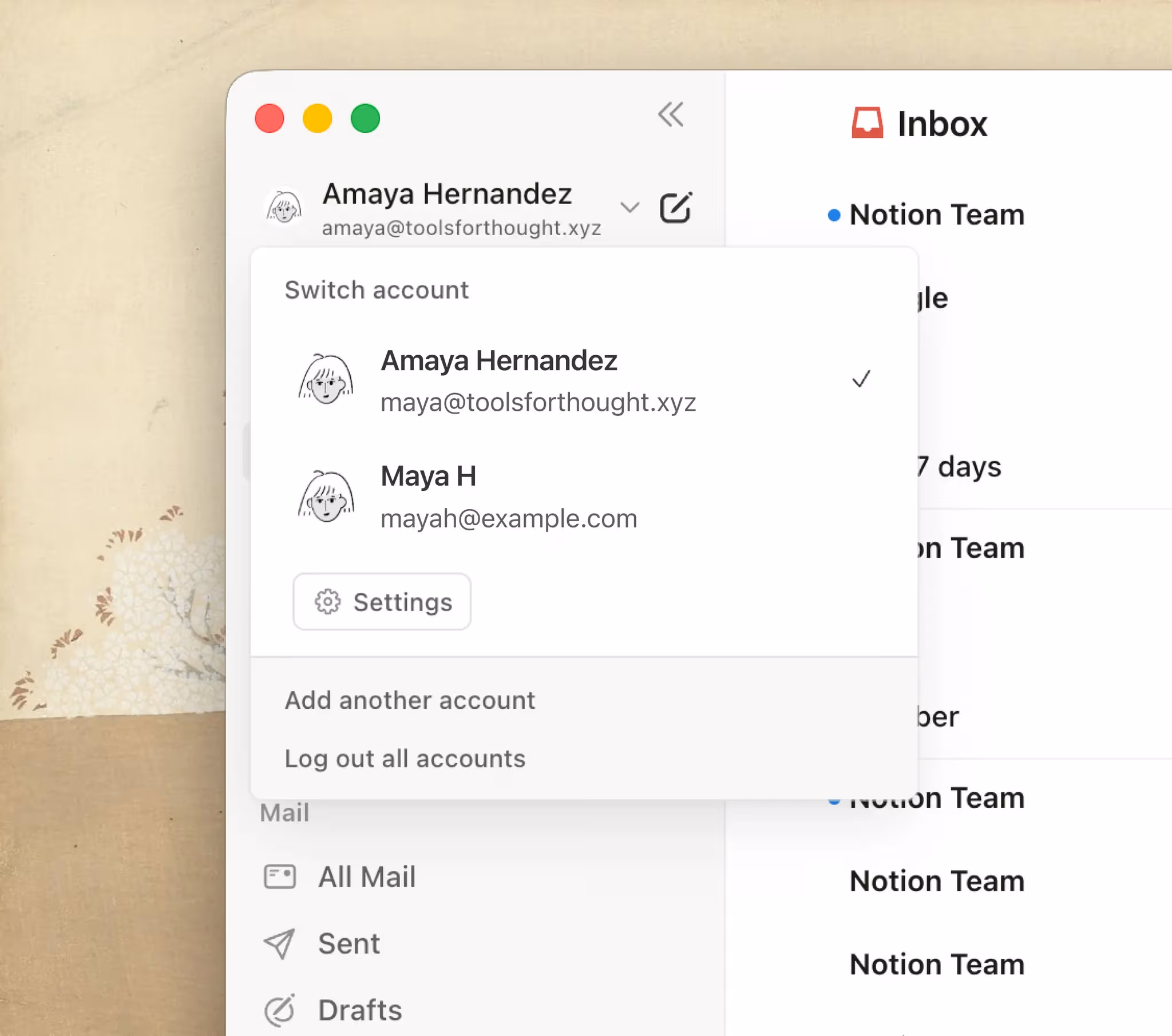 أكثر من حساب على Notion Mail