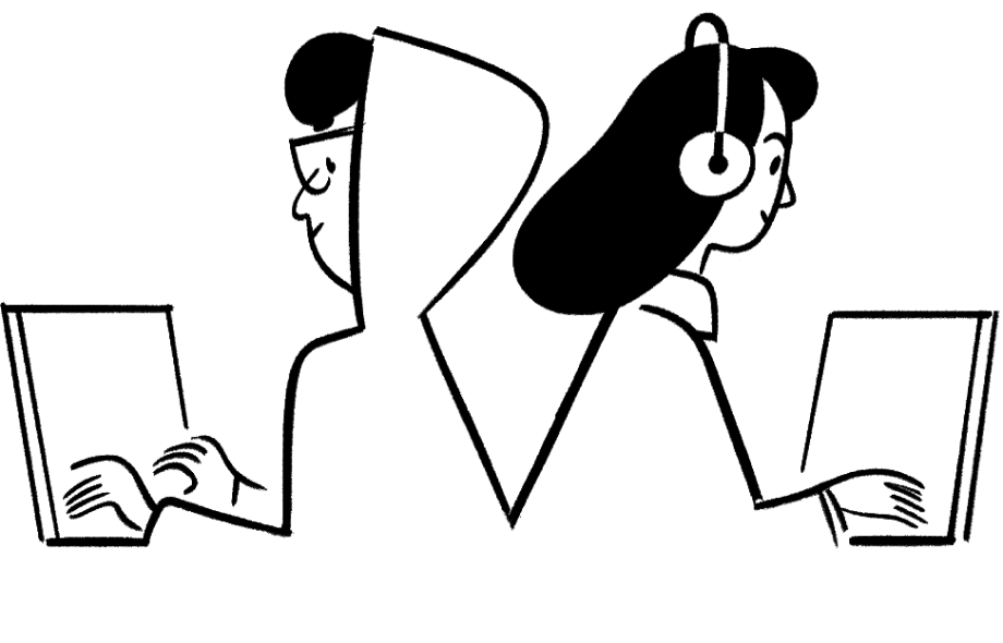 Eine minimalistische Schwarz-Weiß-Zeichnung von zwei Personen, die an Laptops arbeiten.