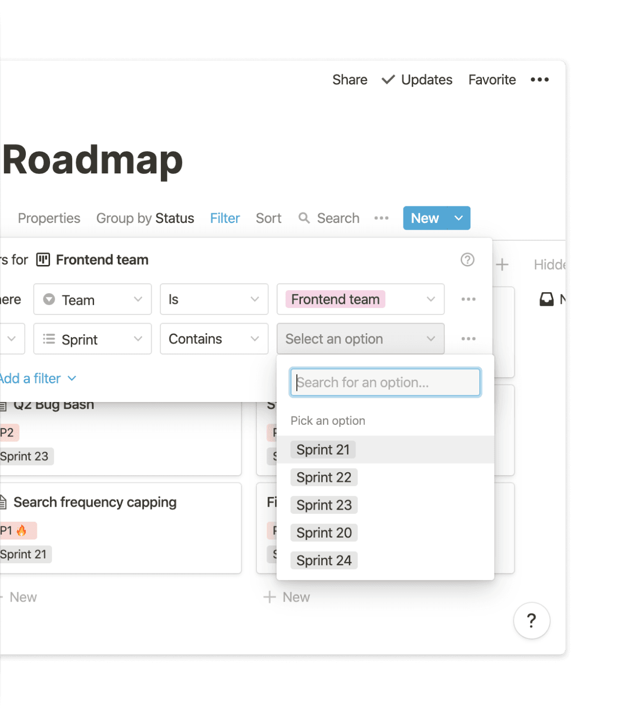 Notion의 필터는 Branch의 여러 팀이 함께 엔지니어링 작업을 계획할 때 유연성을 제공합니다.