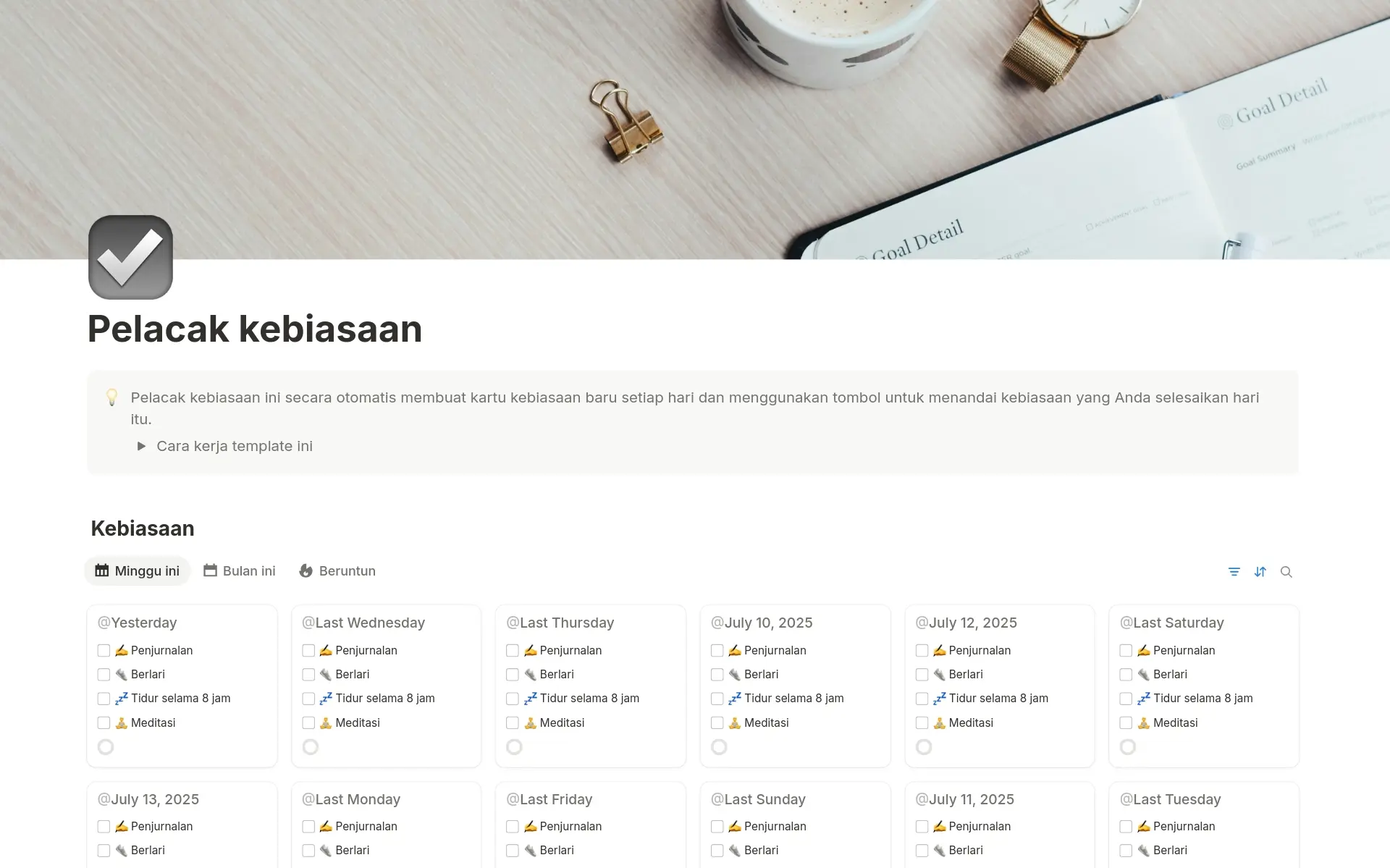 Pratinjau templat untuk Pelacak kebiasaan